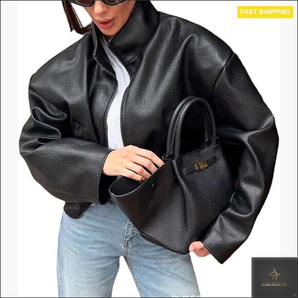 Jackets & Blazers - Oversized Faux Leather Bomber Jacket Women's Motorcycle Style Long Sleeve